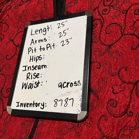 Chicos Size 2 Red Black Embroidered Open Front Jacket Top 100% Silk US L - Picture 10 of 10